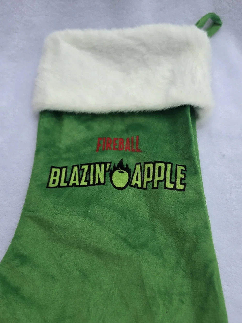 NEW Fireball Whiskey BLAZIN APPLE Christmas Holiday Green Stocking White Trim